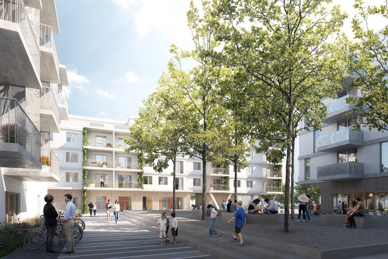 Foto: Rendering mit Bäumen und neues Wohnprojekt Campo Breitenlee in Wien Donaustadt